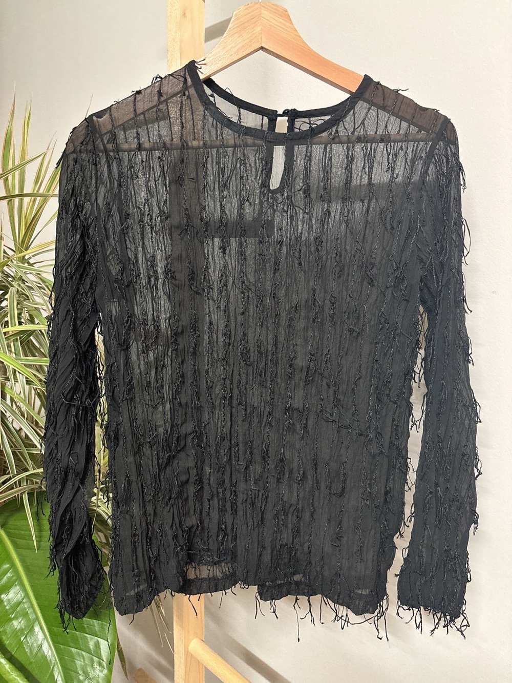 AllSaints Black Sheer Fringe-Texture Long Sleeve Top